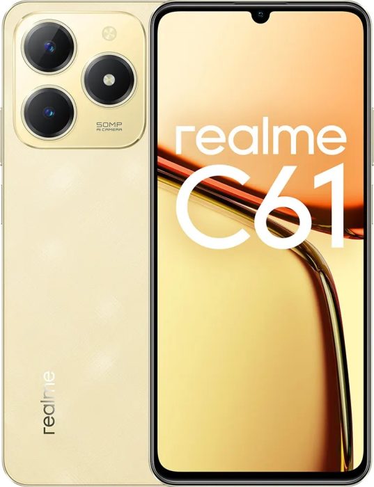 Телефон Realme C61 RMX3930 6GB/128GB в золотистом цвете – вид спереди и сзади