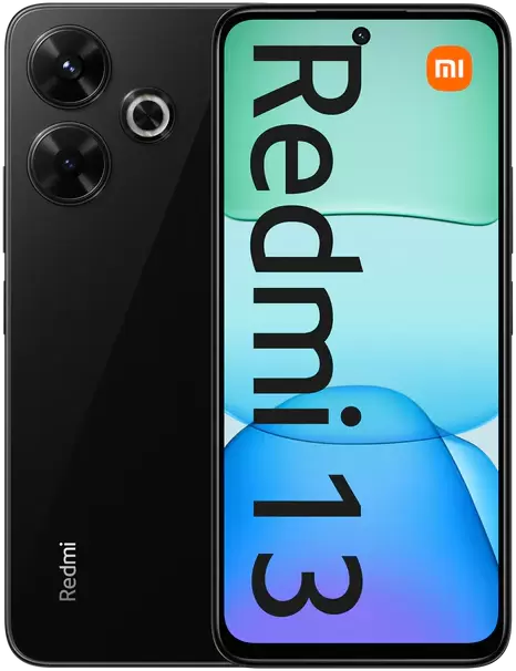 Телефон Xiaomi Redmi 13 6GB/128GB с NFC в черном цвете, вид спереди и сзади